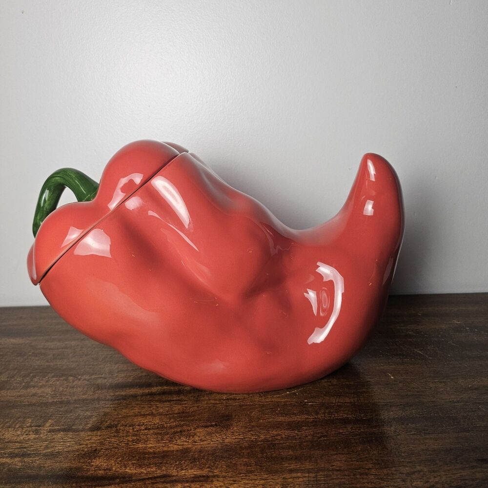 Vintage Clay Art Chili Pepper Cookie Jar Red Ceramic 1999 Hand Painted 12"